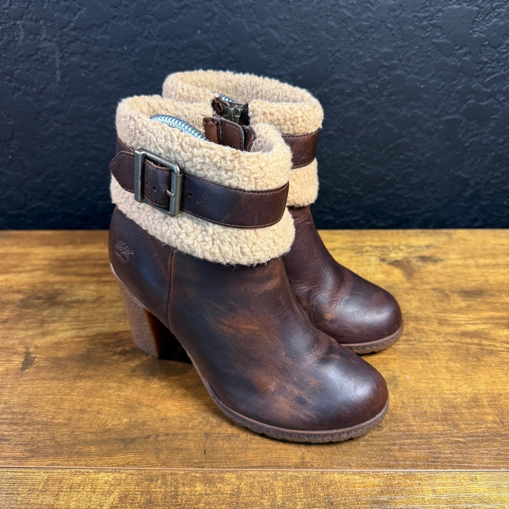 Timberland Glancy Shearling A1A22 Brown Leather Ankle Boots Womens 5.5